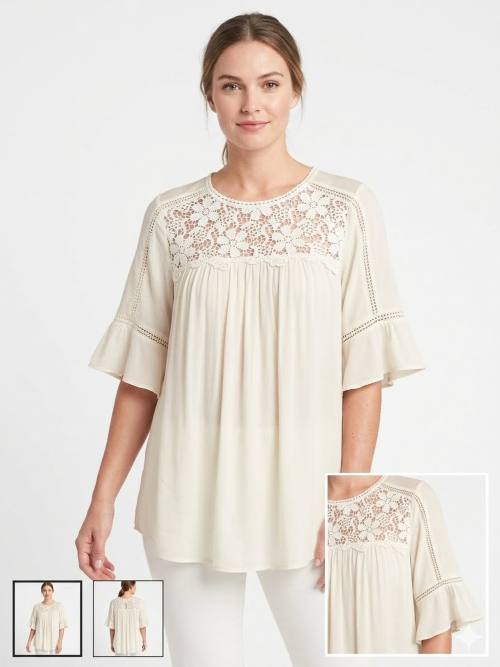 LOFT Maternity Cream Crochet Yoke Flutter Sleeve Blouse Size MM